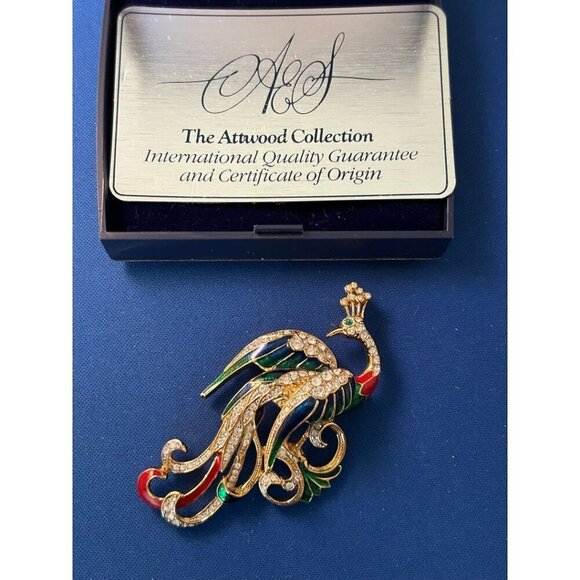 The Attwood Collection Jewelry - Attwood & Sawyer Peacock Swarovski 22K Gold Plated Enamel Vintage Brooch In Box